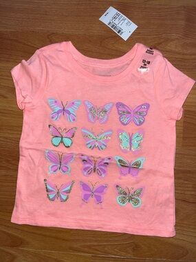 The Children's Place Coral Pink Short Sleeve Tee with Glitter Butterfly Print